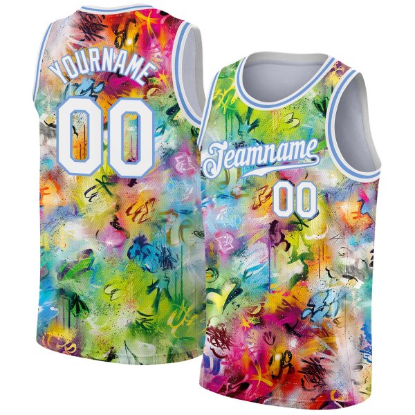 Men's Custom Scratch Graffiti Pattern-White Light Blue 3D Basketball Jersey