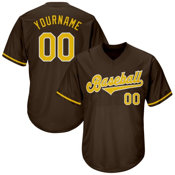 Men's Custom Brown Gold-White Authentic Throwback Rib-Knit Baseball Jersey Shirt