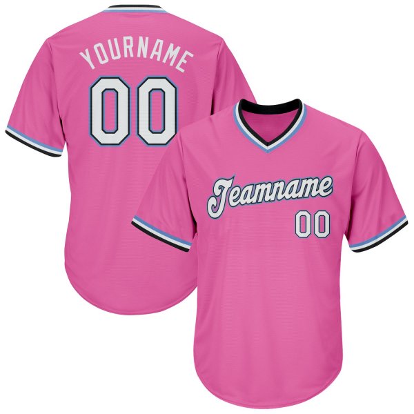 Men's Custom Pink White-Light Blue Authentic Throwback Rib-Knit Baseball Jersey Shirt